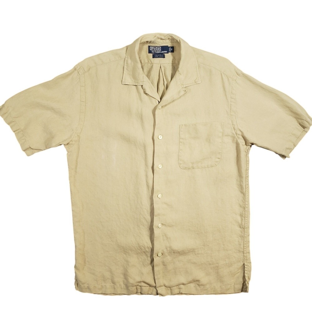 Polo‎ Ralph Lauren Vintage Camp Shirt Mens Small Tan Linen Loop Collar Caldwell